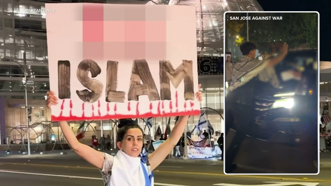 Pro-Israel and pro-Palestine protests turn combative in SJ with graphic sign, car on sidewalk
       — ABC 7 Bay Area